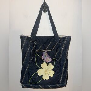 Embroidered Denim Tote Bag Floral Butterfly